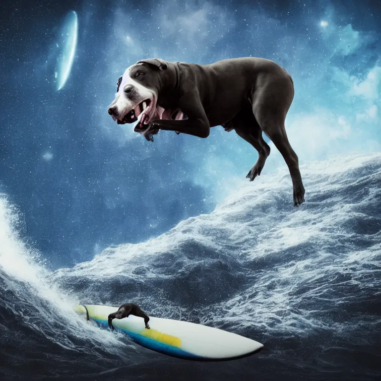 Image similar to photo of a skinny dark gray coat pit bull with a white paws and a white nose!, surfing on a surfboard in a crashing wave of alien galaxy, trending on art station, ocean in space, background is an alien galaxy, aliens in the background, alien colors, octane render, unreal engine, wide view, 8 k, highly detailed