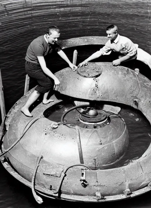 Image similar to an otter repairing a bathysphere, vintage photograph