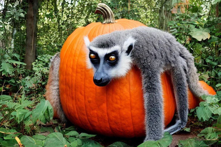 Prompt: a photo of a giant mutant lemur pumpkin in its natural habitat, kodak ektachrome e 1 0 0 photography