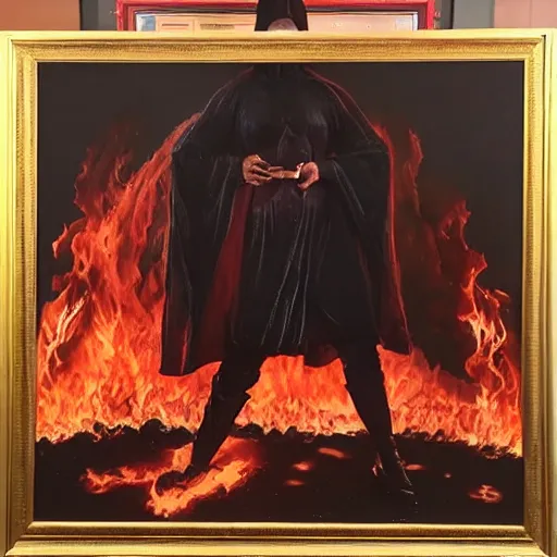 Image similar to ultra realistic medium shot portrait painting of elle fanning in prey wearing black cultist robes surrounded by fire, art by frank frazetta, 4 k, ultra realistic, highly detailed, epic lighting