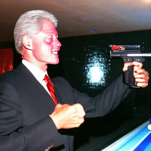 Prompt: Bill Clinton shooting Will Smith in a bowling alley with a handgun