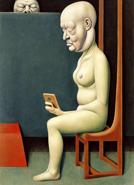 Image similar to man sitting on chair looking at his smartphone, hysterical, sweat, fat, frustrated, art by gertrude abercrombie hans bellmer and william blake