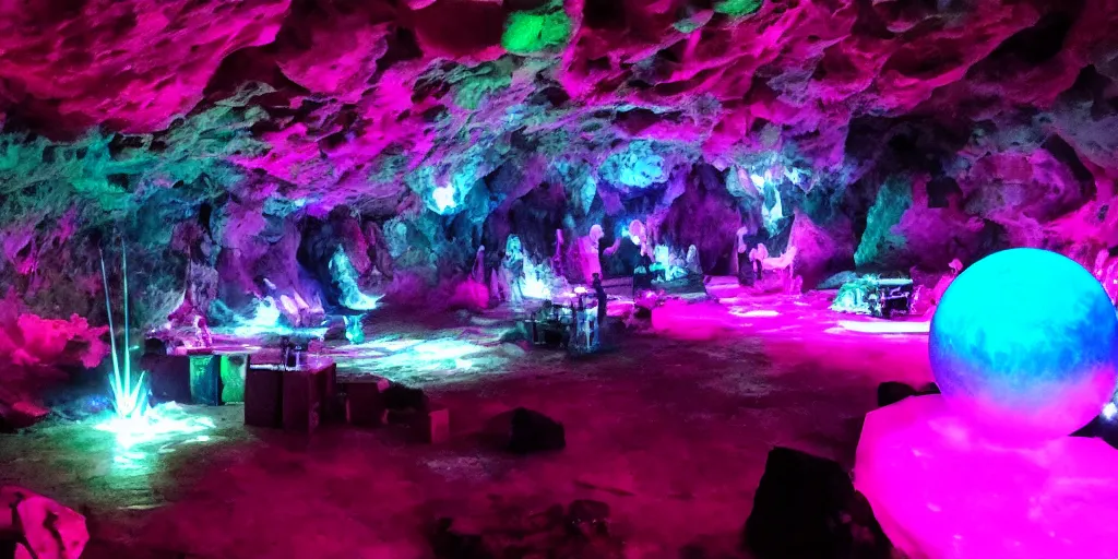 Image similar to goth disco in a cave with pink lasers and blue crystals forming a sphere of knives