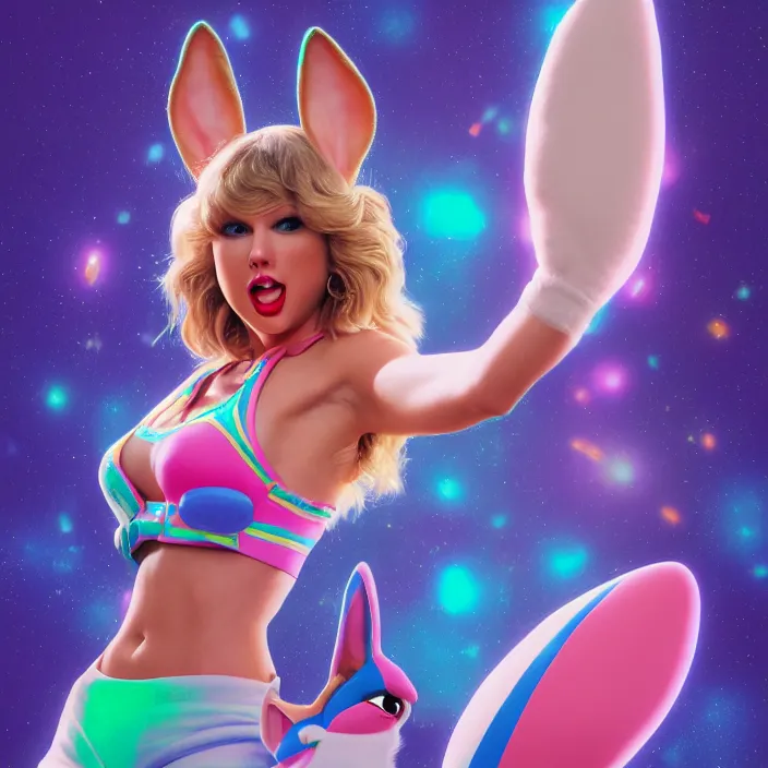 Image similar to portrait of Taylor Swift as Lola Bunny in Space Jam 1996. bunny ears. HD. intricate artwork. by Tooth Wu, wlop, beeple, dan mumford. octane render, trending on artstation, greg rutkowski very coherent symmetrical artwork. cinematic, hyper realism, high detail, octane render, 8k, iridescent accents