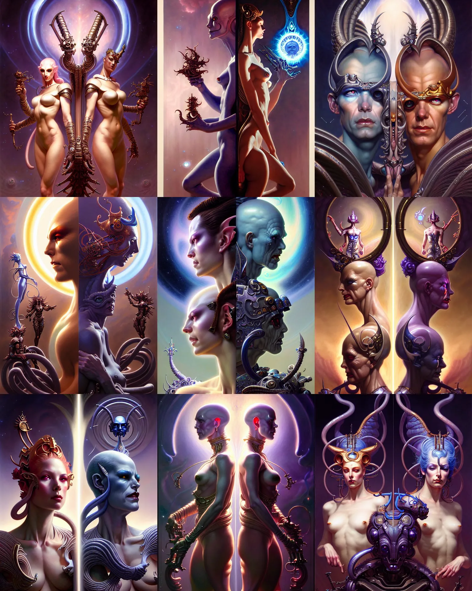 Image similar to beautiful gemini good and evil fantasy character portrait, ultra realistic, wide angle, intricate details, the fifth element artifacts, highly detailed by peter mohrbacher, hajime sorayama, wayne barlowe, boris vallejo, aaron horkey, gaston bussiere, craig mullins