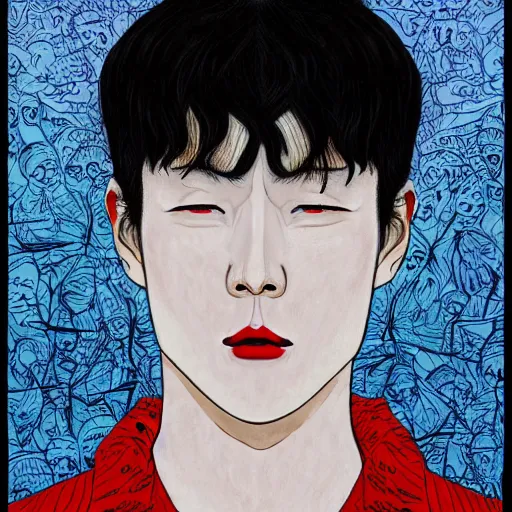 Image similar to a self-portrait of jung jaehyun in the art style of junji ito, color restoration,