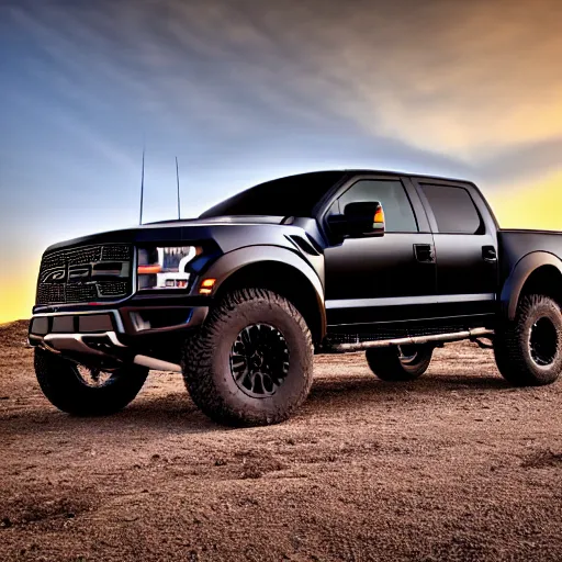 Image similar to a highly detailed photo of a black ford raptor in alberta at sundown, 4 k high - resolution photograph, ultra detail, hd photo