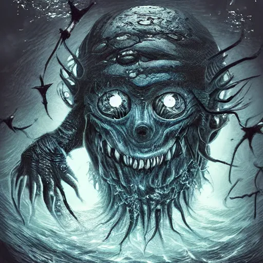 Prompt: monster in the deep dark sea, thalassophobia, realistic, highly detailed, nightmare