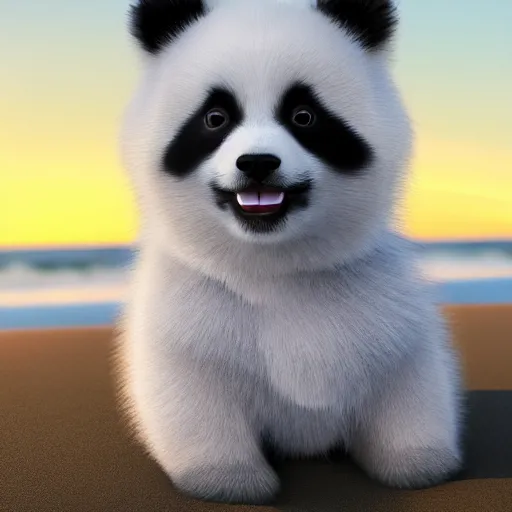 Image similar to a closeup photorealistic photograph of a panda themed Pomeranian puppy at the beach during sunset This 4K HD image is Trending on Artstation, featured on Behance, well-rendered, extra crisp, features intricate detail and the style of Unreal Engine.