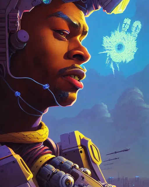 Prompt: baptiste from overwatch, character portrait, portrait, close up, concept art, intricate details, highly detailed, vintage sci - fi poster, retro future, in the style of chris foss, rodger dean, moebius, michael whelan, and gustave dore