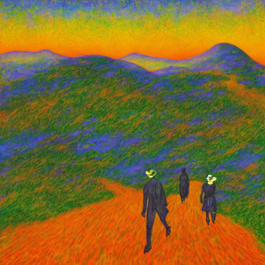 Prompt: surrealist post - impressionism artwork of the atmospheric indie album titled :'walk the mountain road towards the sunrise horizon '.