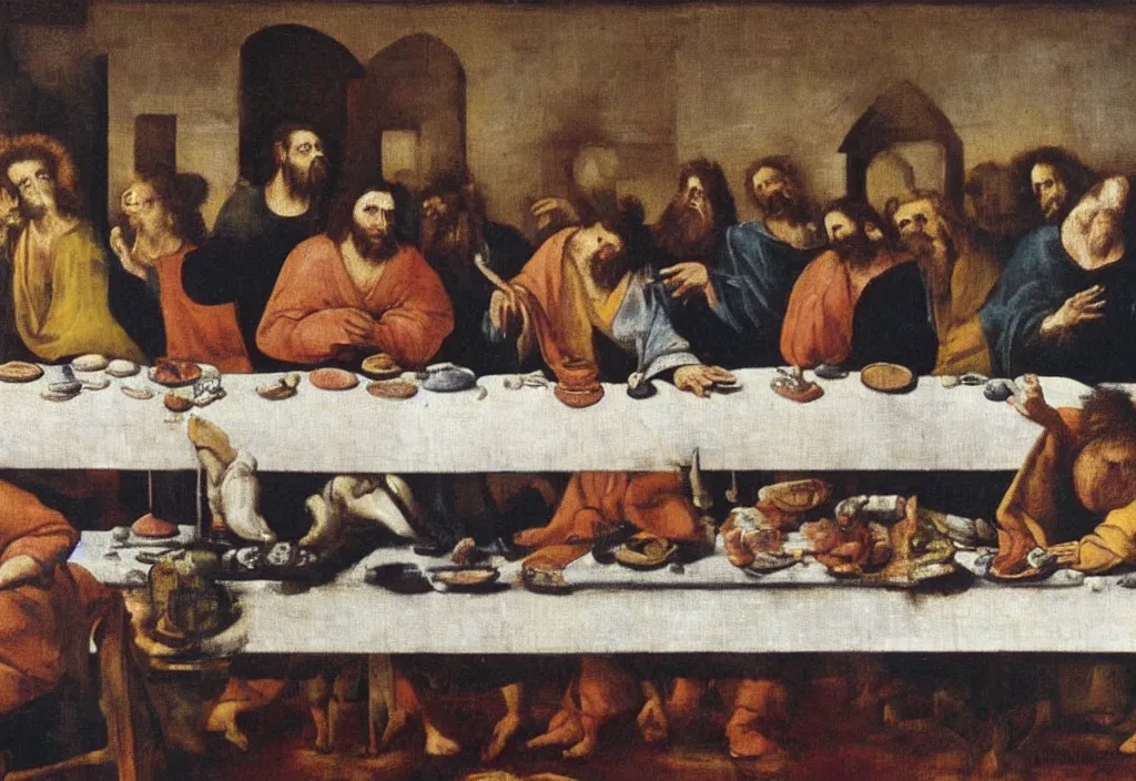 Image similar to last supper painted by francis bacon 8 k, hyperdetailed