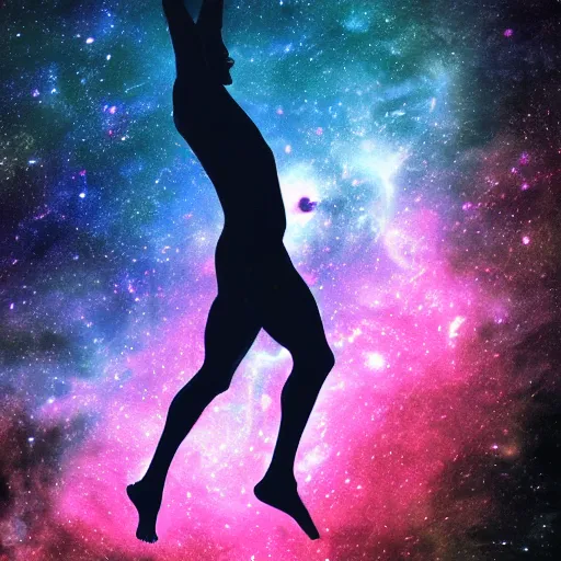 Prompt: athletic man doing a pullup using gymnastic rings, silhouette, long shot, in a cosmic nebula background, matte colors, dramatic digital art trending on artstation