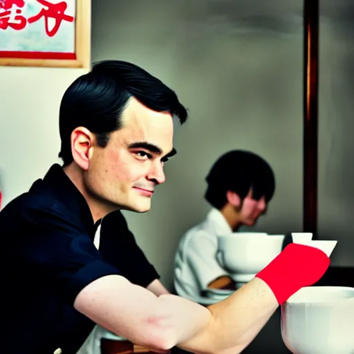 Prompt: close - up of ben shapiro angrily serving you tea at a japanese maid cafe, frilly outfit, depth of field, 3 5 mm, 8 k, photograph by annie leibovitz