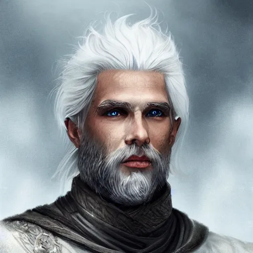 Image similar to Magnificent portrait of a Nordic God father with white hair, fantasy, medieval, highly detailed, Artstation