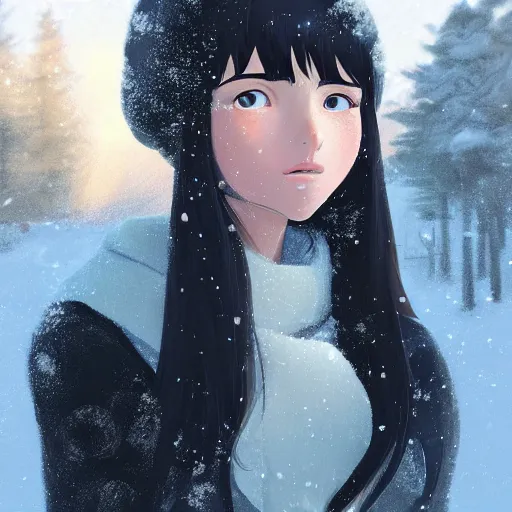 Image similar to portrait of teen girl with long black hair and bangs, detailed facial features, beautiful face, snowy winter village in the background, digital painting, artstation, highly detailed, by makoto shinkai and thomas kindle and James gilleard