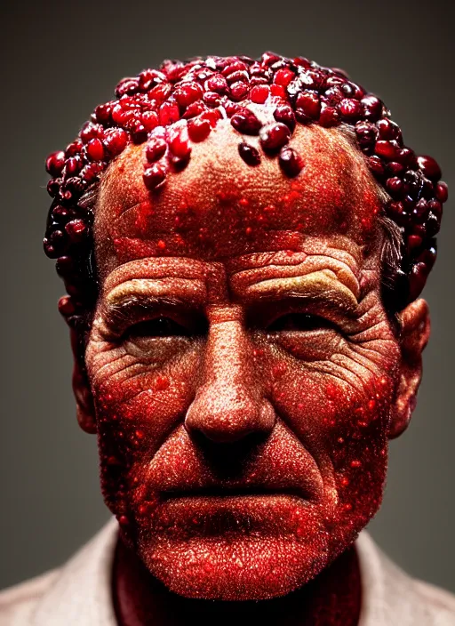 Prompt: portrait of bryan cranston's face made of cranberries, red berry skin, cranberry statue, studio light, bloom, detailed face, magazine, press, photo, steve mccurry, david lazar, canon, nikon, focus