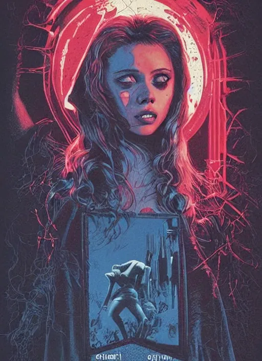 Image similar to scarlett johannson as the final girl on a vintage 1 9 8 0 s movie poster, slasher, horror, high details, intricate details, by vincent di fate, artgerm julie bell beeple, 1 9 8 0 s, inking, vintage 8 0 s print, screen print