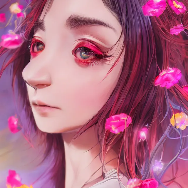 Prompt: studio portrait absurdly beautiful, elegant, lovely, young hypercolorful sensual anime teen rubies red petals gems, ultrafine hyperrealistic detailed face illustration by kim jung gi, irakli nadar, intricate linework, sharp focus, bright colors, matte, octopath traveler, final fantasy, unreal engine highly rendered, global illumination, radiant light, intricate rainbow environment