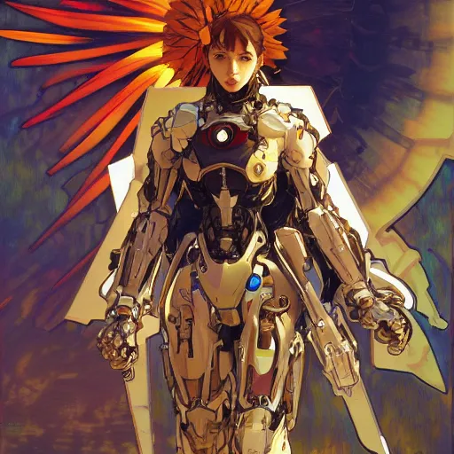 Image similar to beautiful woman cybernetic combat mech augmentations sunflower field sunset beautiful by alphonse mucha yoji shinkawa and james gurney artstation hyperrealism