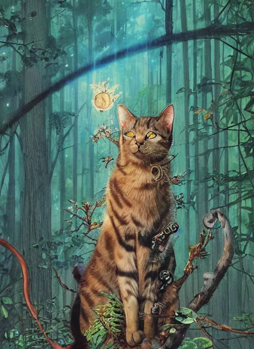 Image similar to a cat with happy lighting and technology jewelry in the woods gorgeous lighting, sunbeams blue sky, lush forest foliage painting by chiara bautista and beksinski and norman rockwell and greg rutkowski weta studio, and lucasfilm