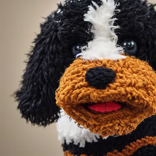 Image similar to a closeup photorealistic photograph of a cute smiling knitted bernedoodle judge dog dressed in a black gown, presiding over the courthouse. indoor image, professional capture, well lit shot. this 4 k hd image is trending on artstation, featured on behance, well - rendered, extra crisp, features intricate detail, epic composition and the style of unreal engine.