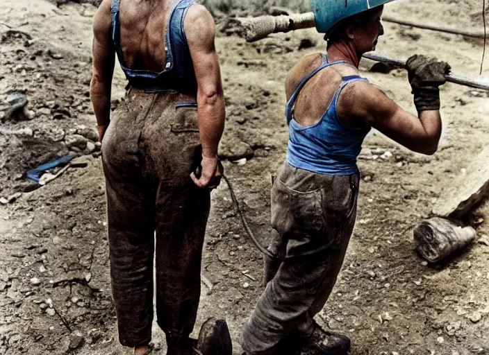 Prompt: 90's professional color photograph, A Muscular miner woman, view from behind.