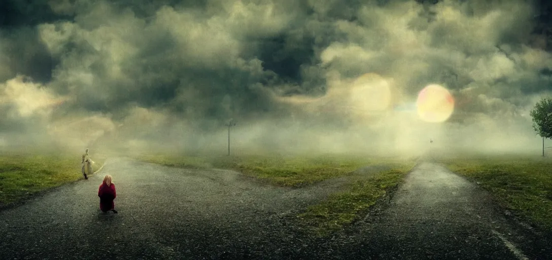 Image similar to imagine there's no heaven. it's easy if you try. please, dream of a perfect world because i can't, i'm too tired and hurt to do it my self. hyper realistic, cinematic, warm light, gloomy mood, 4 k, film, in the style of michel gondry's videoclip