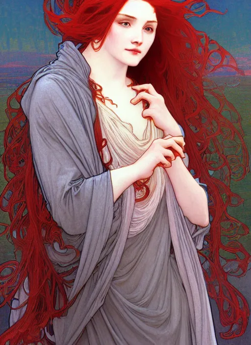 Image similar to beautiful young woman with long red hair watches the sunrise while wearing a grey cloak and hood, path traced, highly detailed, high quality, digital painting, by alphonse mucha, disney