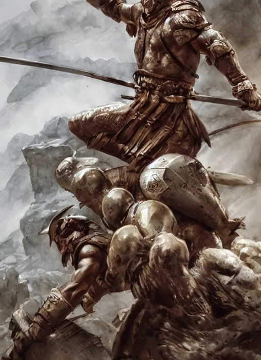 Image similar to portrait, Spartan Warriors fighting at the cliffs of thermopylae, watercolor, dramatic lighting, cinematic, establishing shot, extremely high detail, foto realistic, cinematic lighting, pen and ink, intricate line drawings, by Yoshitaka Amano, Ruan Jia, Kentaro Miura, Artgerm, post processed, concept art, artstation, matte painting, style by eddie mendoza, raphael lacoste, alex ross