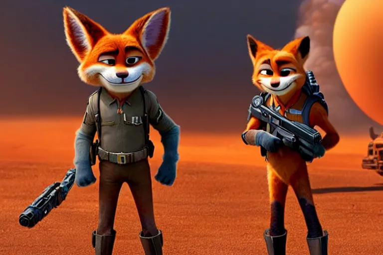 Image similar to nick wilde ( from zootopia ), heavily armed and armored facing down armageddon in a dark and gritty reboot from the makers of mad max : fury road