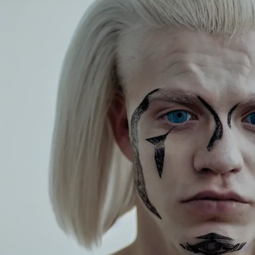 Prompt: portrait of an albino in front of a white background, blonde hair and eyebrows, face tattoo, cinematic lightin