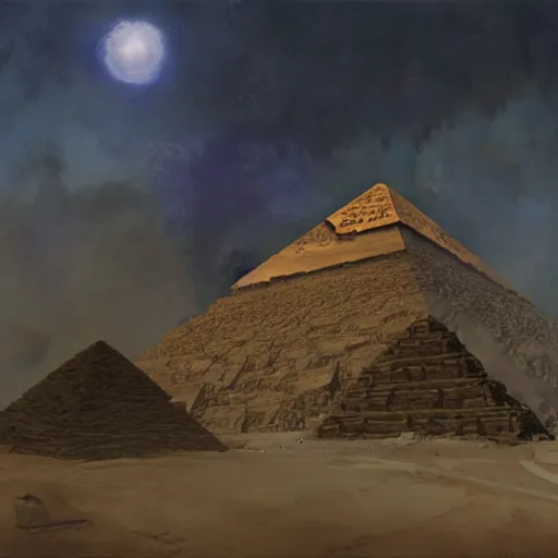 Image similar to the aliens building the pyramids, mysterious, ominous, eerie, craig mullins