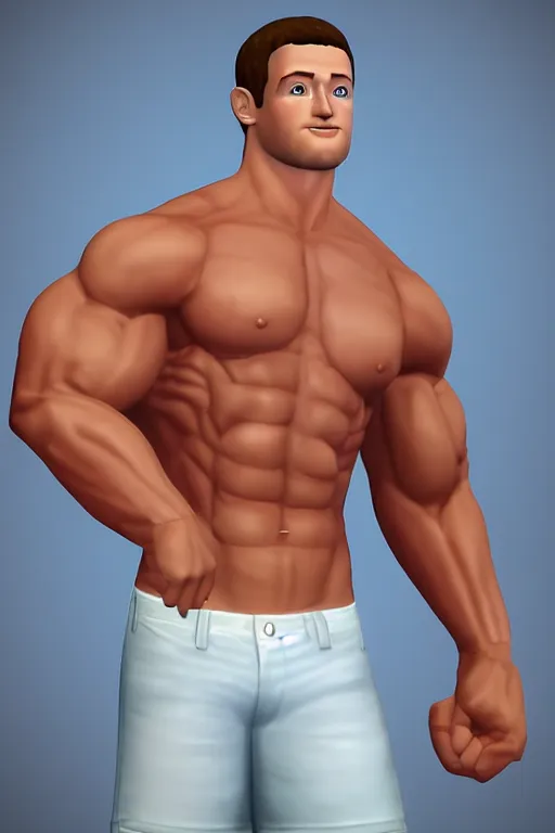 Prompt: portrait of hulking herculean bodybuilder muscular musclebound bodybuilder mark zuckerberg avatar, the sims 4