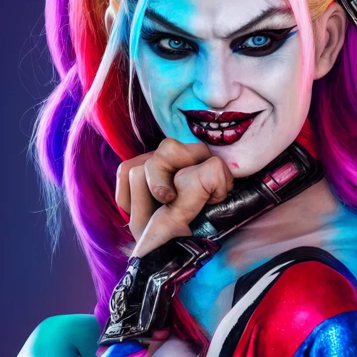 Image similar to portrait of candace swanepoel as a harley quinn in suicide squad. intricate abstract. intricate artwork. by tooth wu, wlop, beeple, dan mumford. octane render, trending on artstation, greg rutkowski very coherent symmetrical artwork. cinematic, hyper realism, high detail, octane render, 8 k, iridescent accents