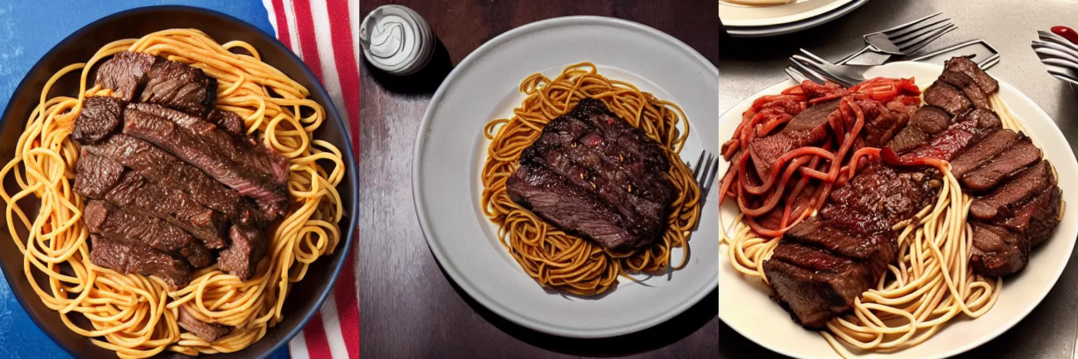 Prompt: Captain America eating spaghetti with steak, glistening meat