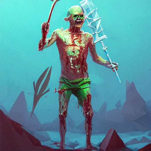 Image similar to low poly painting by greg rutkowski of a drowned zombie holding a trident with glowing cyan eyes, wearing ragged clothing, holding a trident, underwater, pastel green and blue color palette