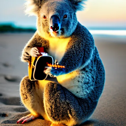 Image similar to A Koala playing the Ukulele on a beach at sunset. 50mm lens, f1.8