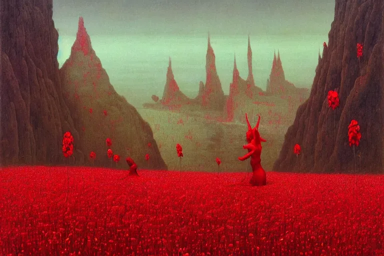 Image similar to only with red, red flowers of different types, a castle in the background, red orcs and trolls dance over the flowers, in the style of beksinski, part by hopper, part by rodcenko, part by hofbauer, intricate composition, red by caravaggio, insanely quality, highly detailed, masterpiece, red light, artstation