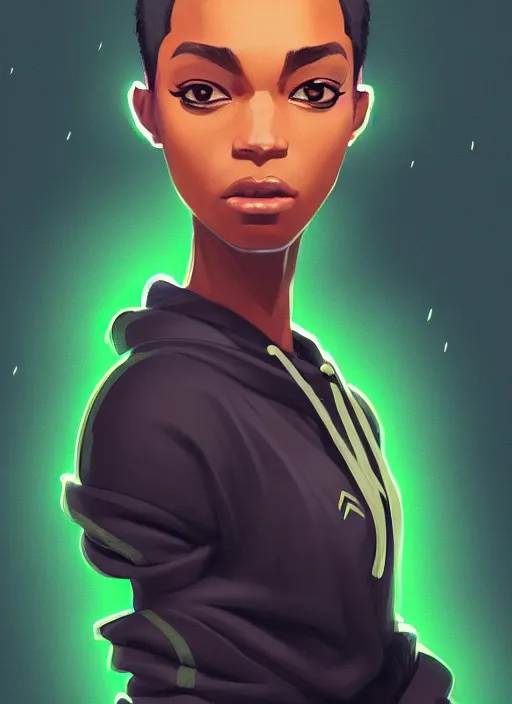 Prompt: photographic portrait of an handsome young black woman with a mohican haircut and green eyes in a back hoodie, flat lighting, elegant, highly detailed, digital painting, artstation, concept art, sharp focus, star wars, illustration, art by makoto shinkai