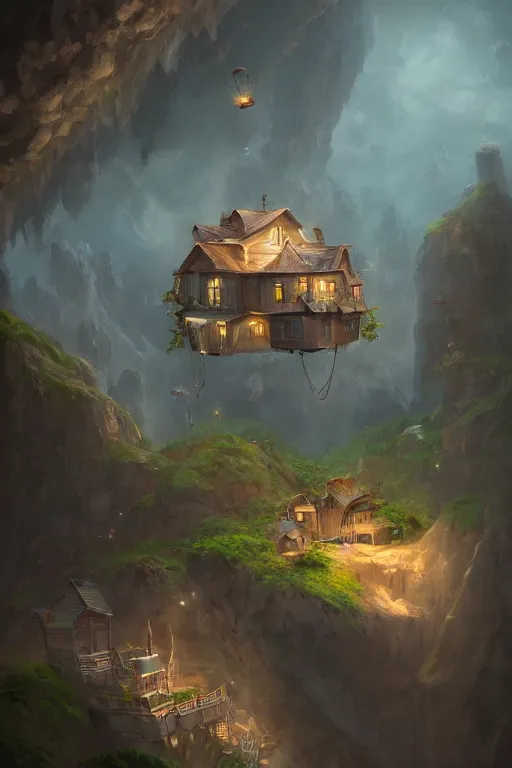 Image similar to a house floating with balloons, near the mountains and below is a deep canyon, dream core art, dynamic lighting, fantasy concept art, trending on art station, stunning visuals, creative, cinematic, ultra detailed