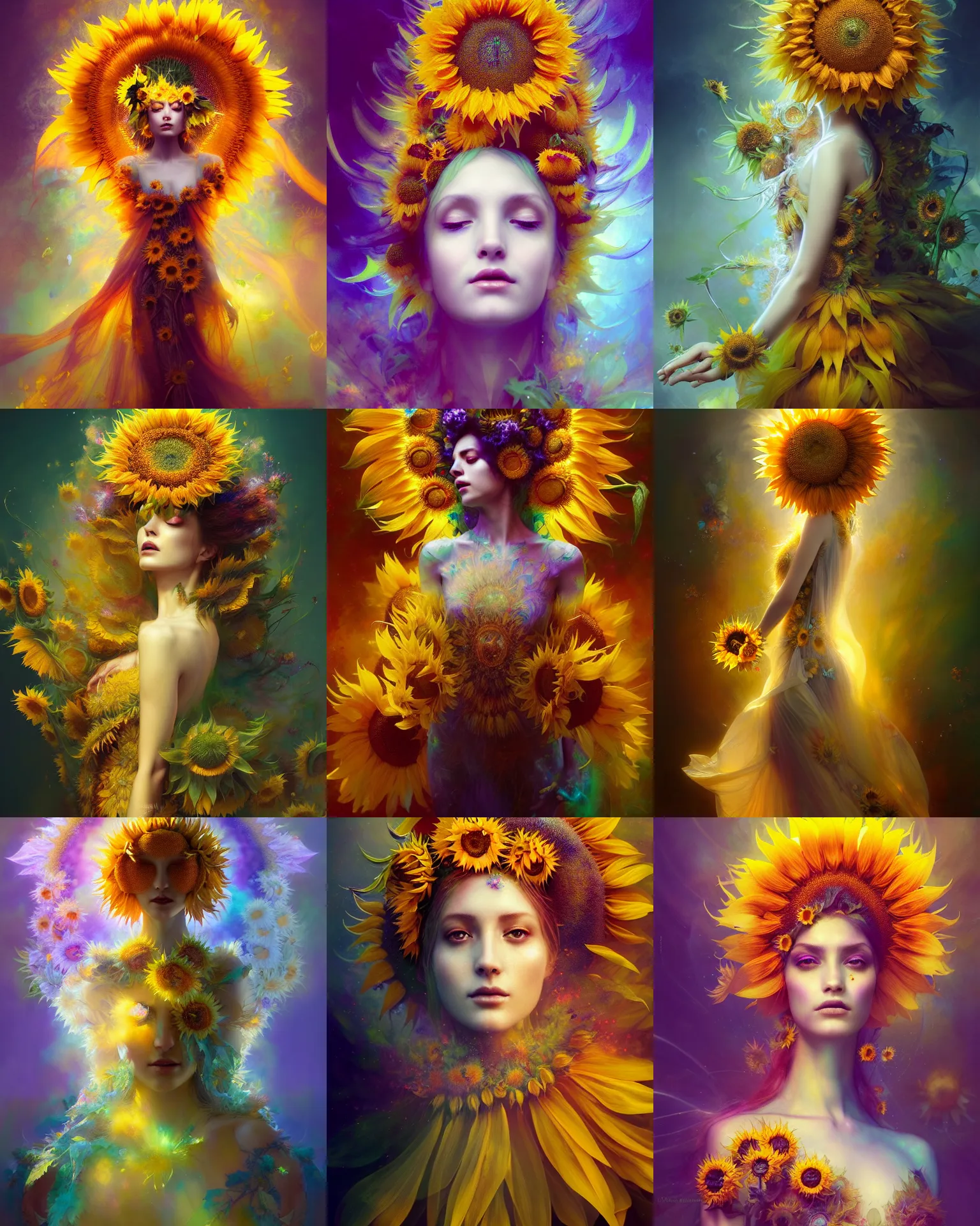 Image similar to Full View Portrait Mystical ethereal sunflower deity wearing beautiful dress, sunflower Dryad, 4k digital masterpiece by Anna dittman and Ruan Jia and Alberto Seveso, fantasycore, Hyperdetailed, realistic oil on linen, soft lighting, sunflower background, featured on Artstation
