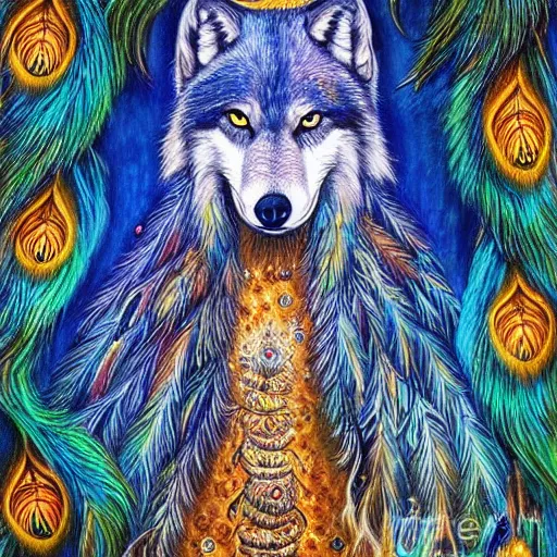 Prompt: beautiful wolf with long flowing fur and tail made of peacock feathers detailed painting in the style of josephine wall 4 k