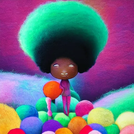 Prompt: a black girl with a colorful afro in a candy forest at night, bokeh, bright colours, watercolor, volumetric wool felting, macro photography, children illustration, by goro fujita