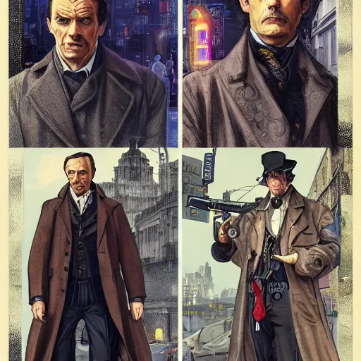 Image similar to [UHD Sherlock Holmes and Watson as GTA characters on the streets of futuristic cyberpunk London, correct faces, intricate, elegant, graphic detail, digital painting, trending on artstation, concept art, tonalism, sharp focus, illustration, art by Miguel Vasquez and Greg Rutkowski and Alphonse Mucha]