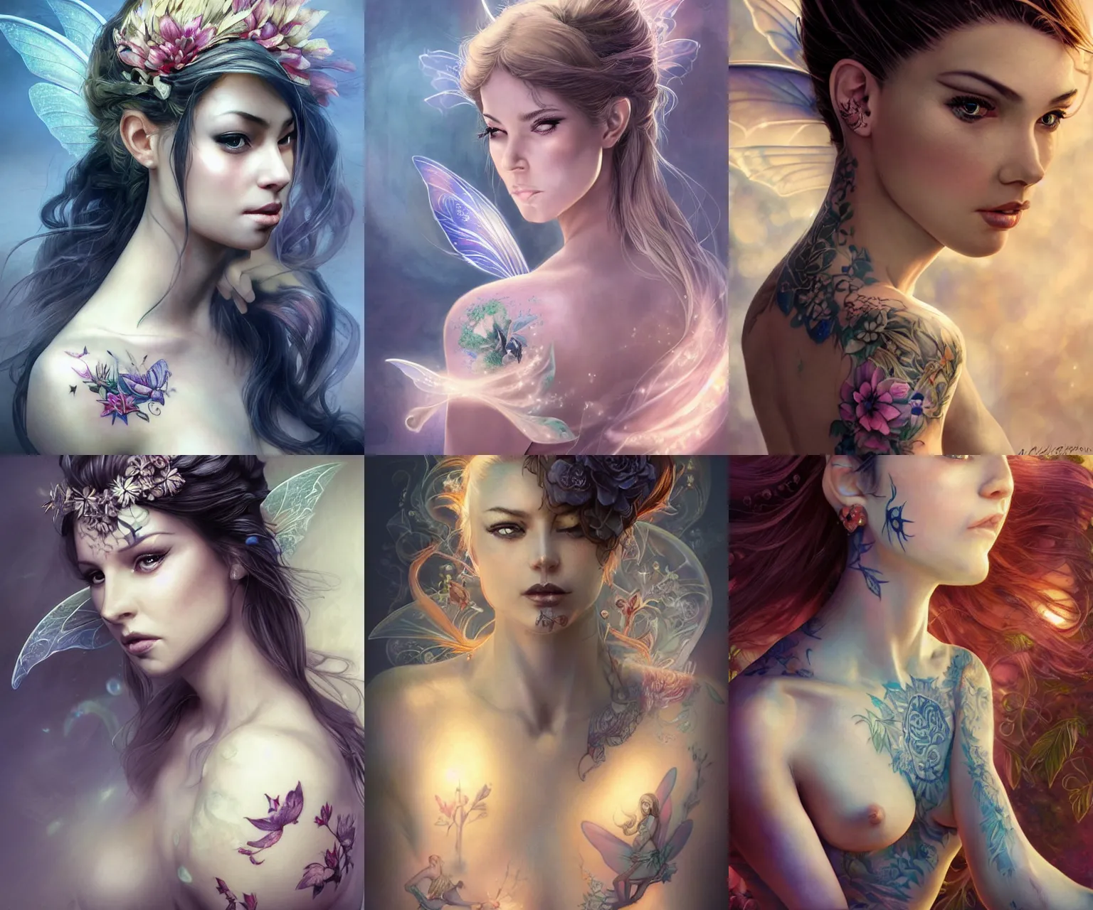 Prompt: portrait of a beautiful female fairy with tattoos, ethereal, dreamy, backlit, highly detailed, stern expression, realistic lighting, sharp focus, windswept, rule of thirds, symmetrical facial features, backlit glow, by artgerm, rossdraws, frank frazetta, andrei riabovitchev, trending on artstation, hd, 4 k, fantasy