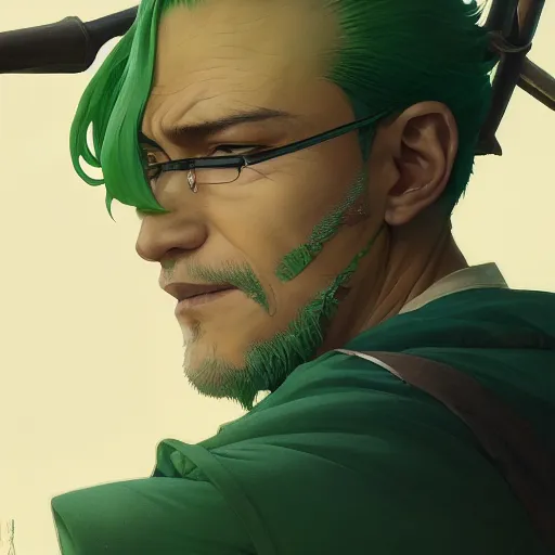 Image similar to highly detailed vfx portrait of roronoa zoro, stephen bliss, greg rutkowski, loish, rhads, beeple, makoto shinkai, tom bagshaw, alphonse mucha, sharp focus, art by artgerm and greg rutkowski, green hair, backlit, harsh overhead sunlight,