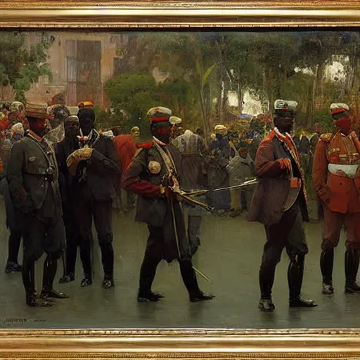 Image similar to british colonial officers in Lagos, 1905, bright colours, masterwork, highly detailed, oil on canvas, by Ilya Repin