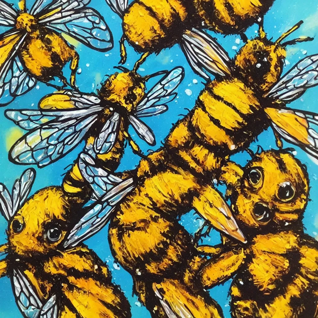 Image similar to large different coloured comic bees painted in 2 inch thick!!! impasto shiny dripping oil paint