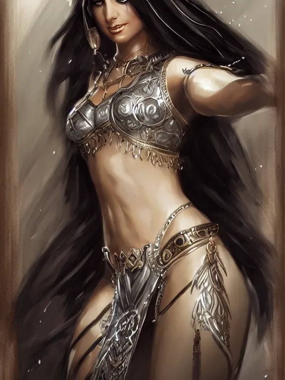 Image similar to picture of gorgeous combat belly dancer, dark skin, symmetrical face, elegant, silver decoration, dnd, high fantasy, matte digital illustration, by rossdraws, ralph horsley, pixiv